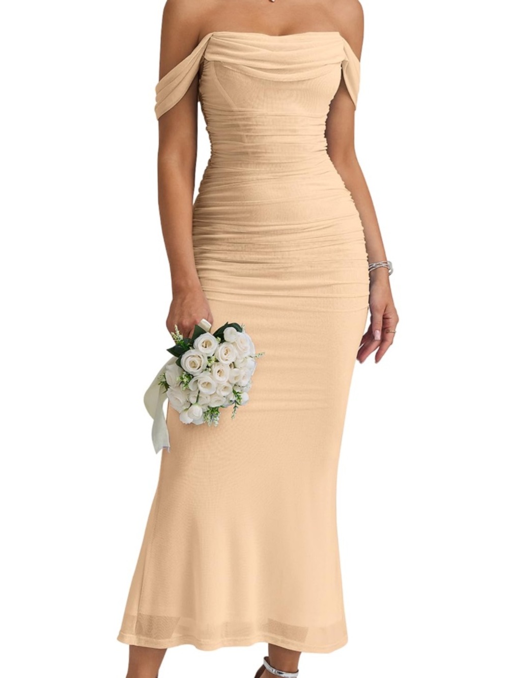 Strapless Ruched Maxi Dress in Nude Beige